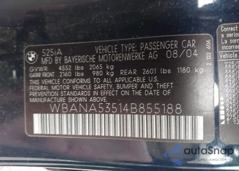 2004 BMW 525I z USA, uszkodzony, nr VIN WBANA53514B855188